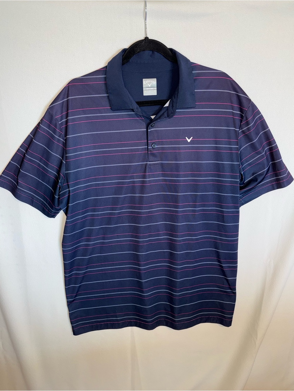 Callaway Men’s Navy/Purple/Pink Striped Opti-Dri Performance Polo Shirt Large
